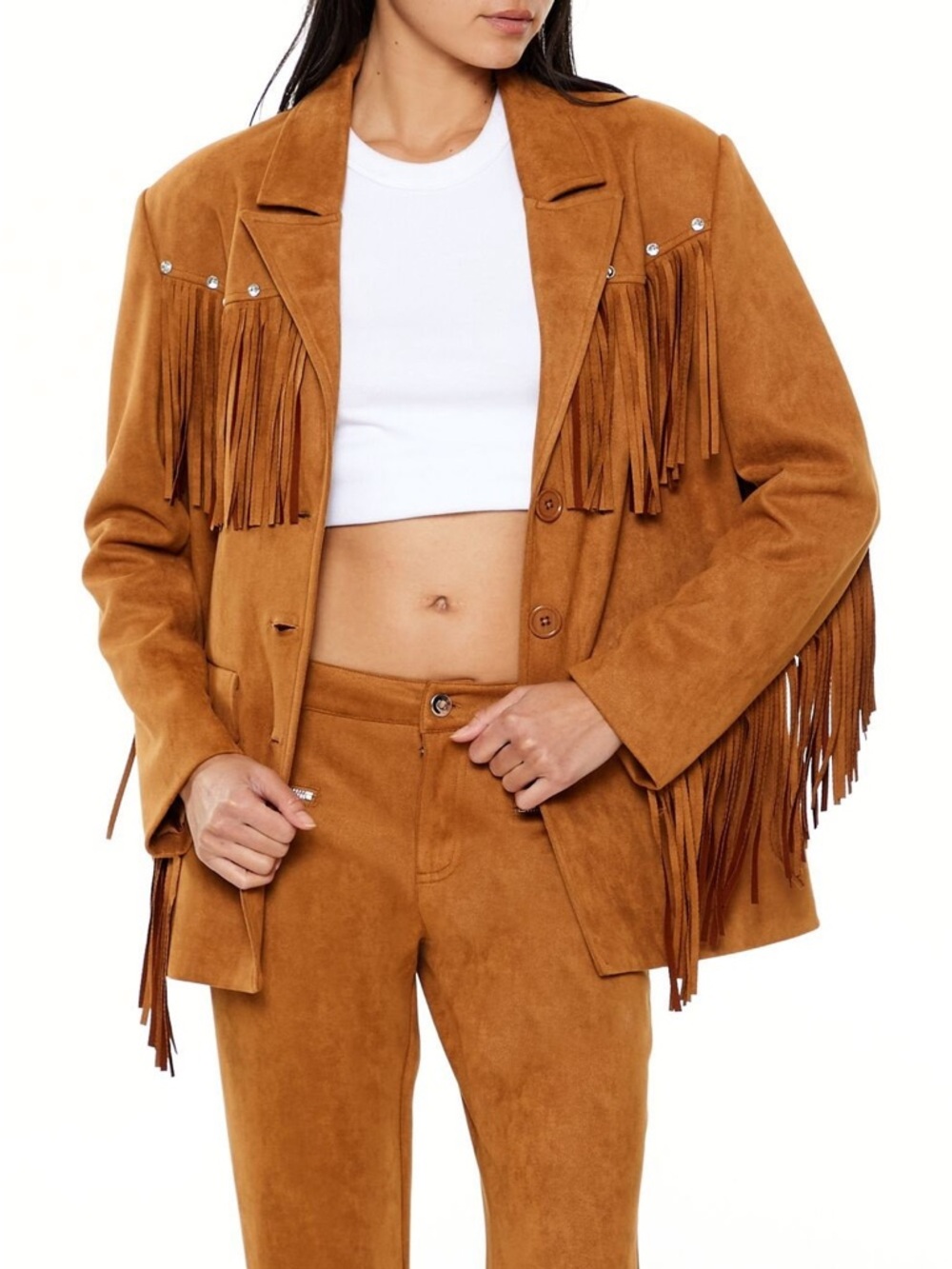 Forever 21 Cognac Faux Suede Fringe Jacket Western Boho Moto Blazer Style